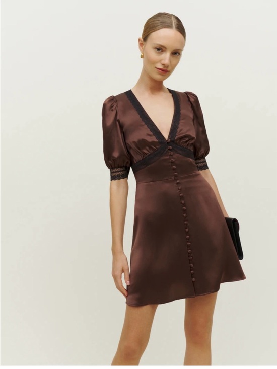 Reformation Dresses & Skirts - Reformation Chocolate Brown Satin Mini Dress with Black Lace Trim